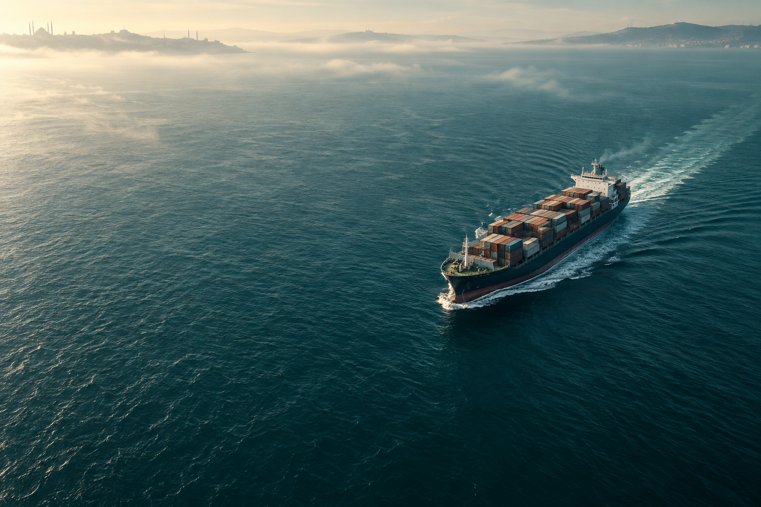 Container ship crossing deep teal water